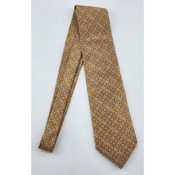 BRIONI Gold Luxury Designer Geometric Print 100% Silk Necktie Made in Italy